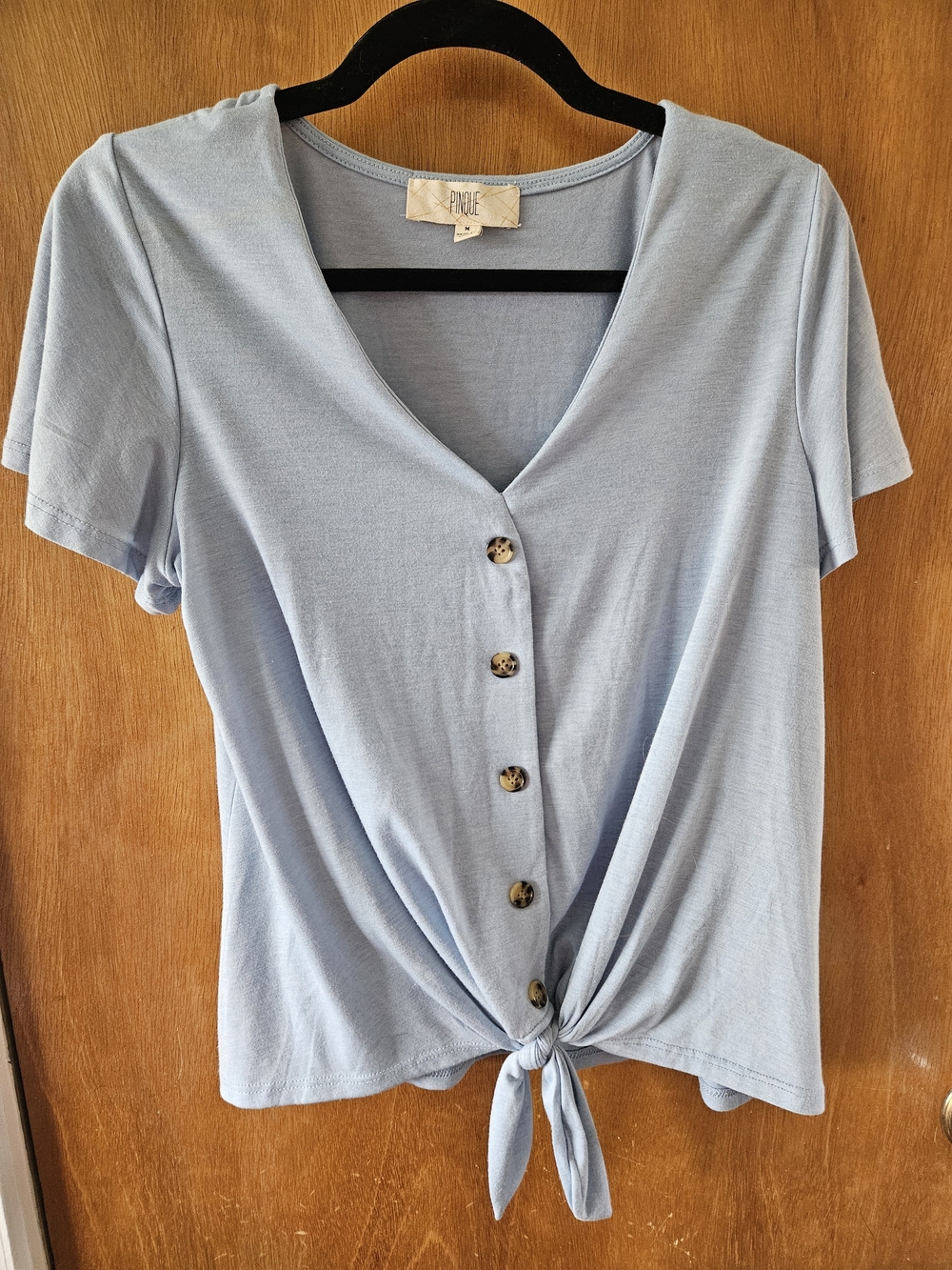 PAIGE Short-Sleeve Light Blue Button Tie-Front Top